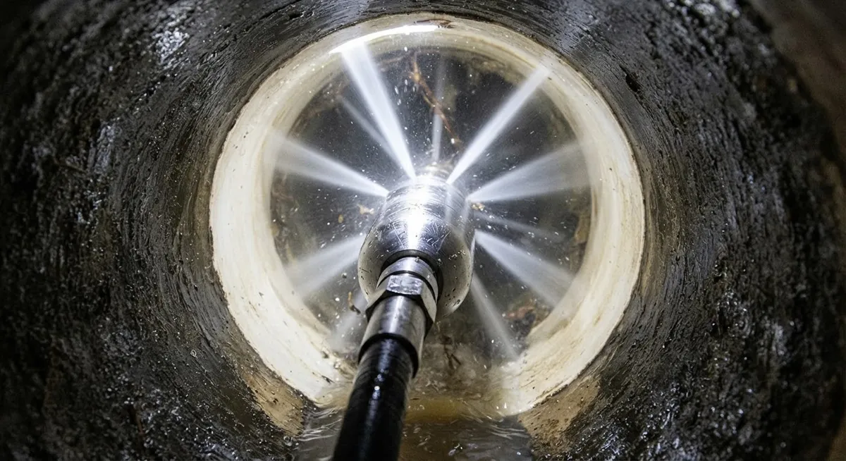 Hydro jetting nozzle inside a pipe