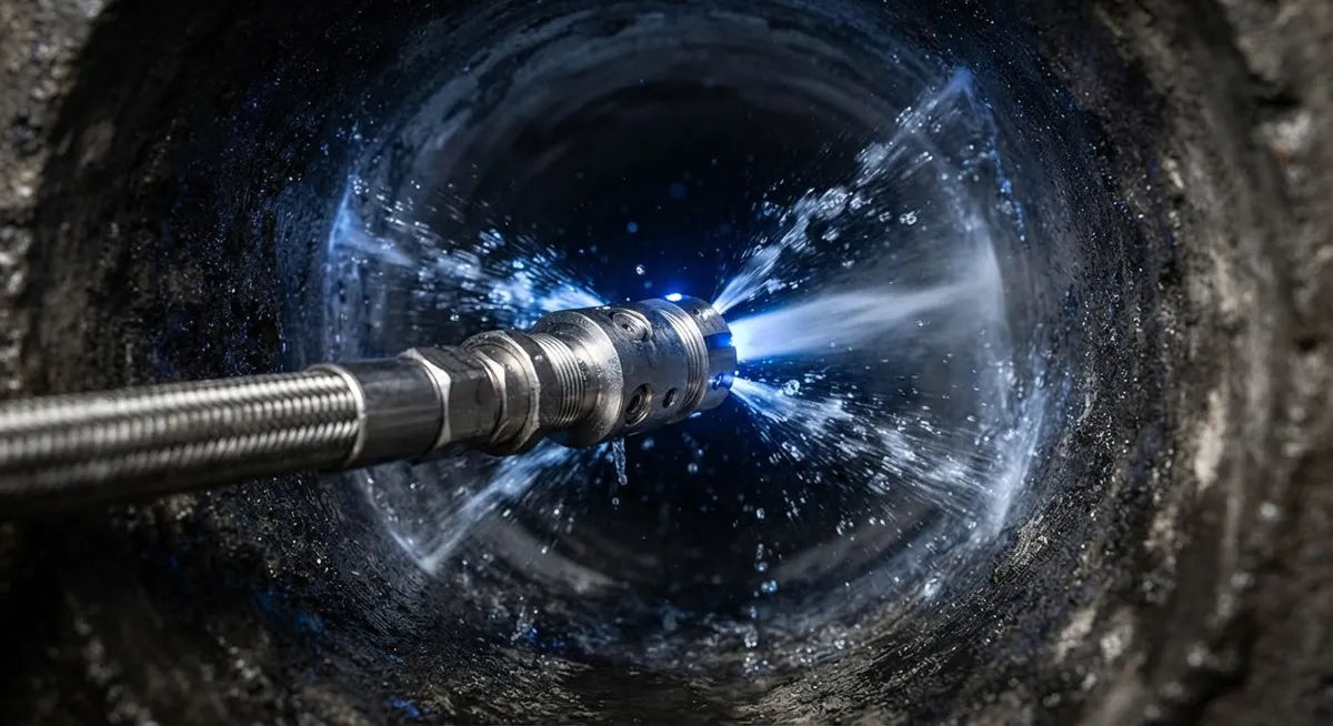 Jetting nozzle lit in blue inside a pipe