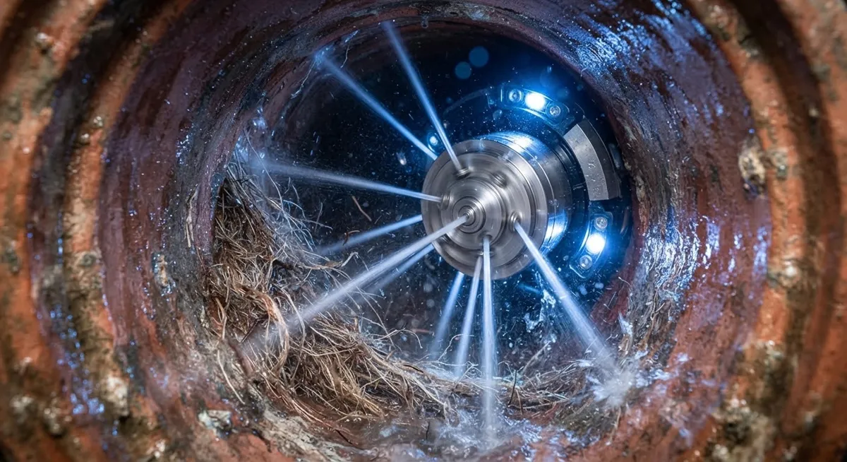 Jetting nozzle working near roots inside a pipe